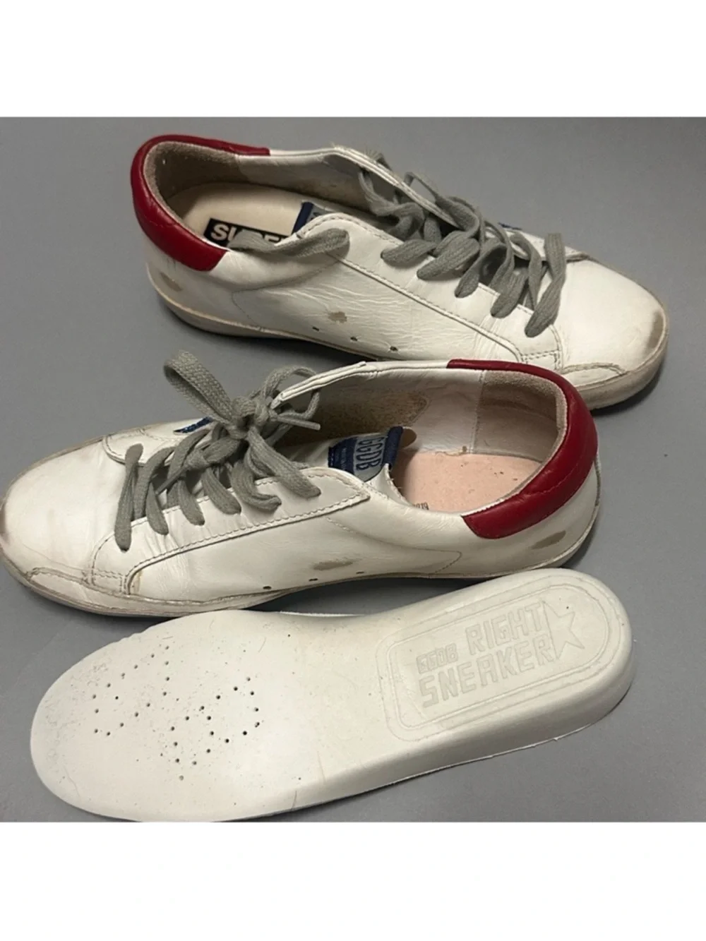 Golden Goose Style White Leather Sneakers with Blue Glitter Star & Red Heel - Picture 10 of 11